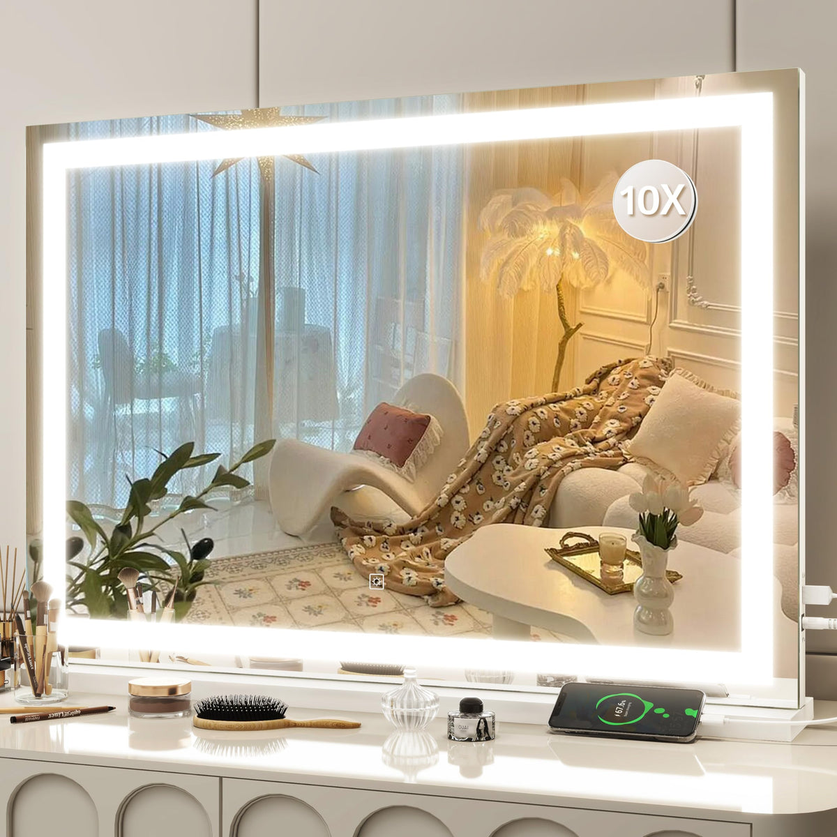 FENNIO Vanity Mirror with Lights front view, square white design