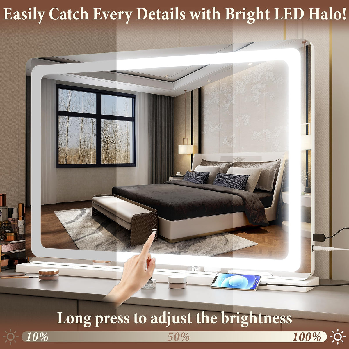 FENNIO Vanity Mirror with USB charging port close-up