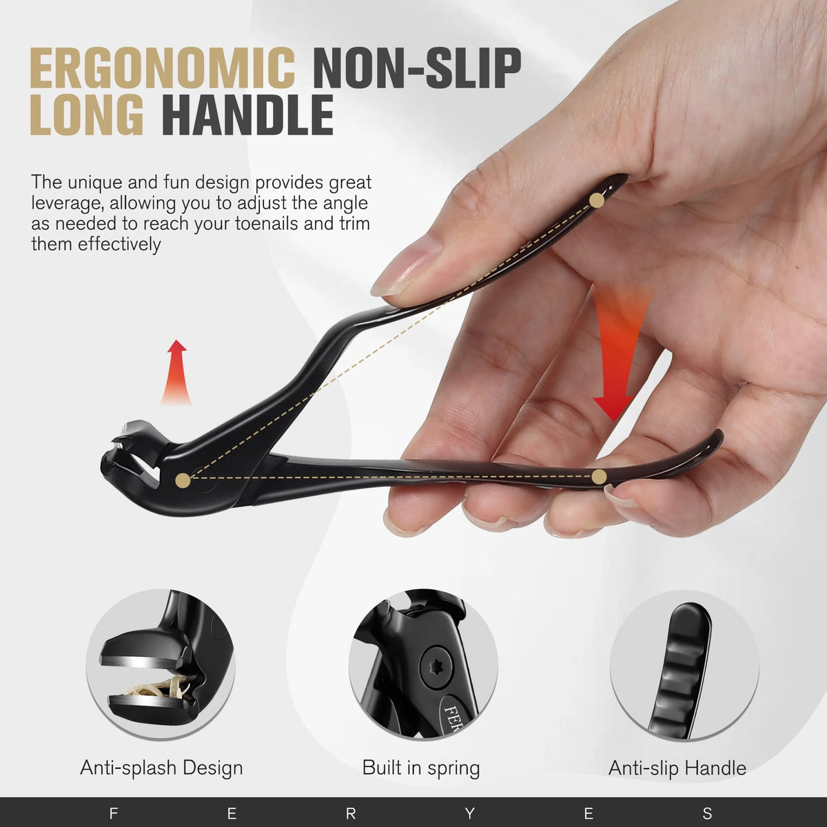 FERYES ergonomic nail clippers in hand for easy use