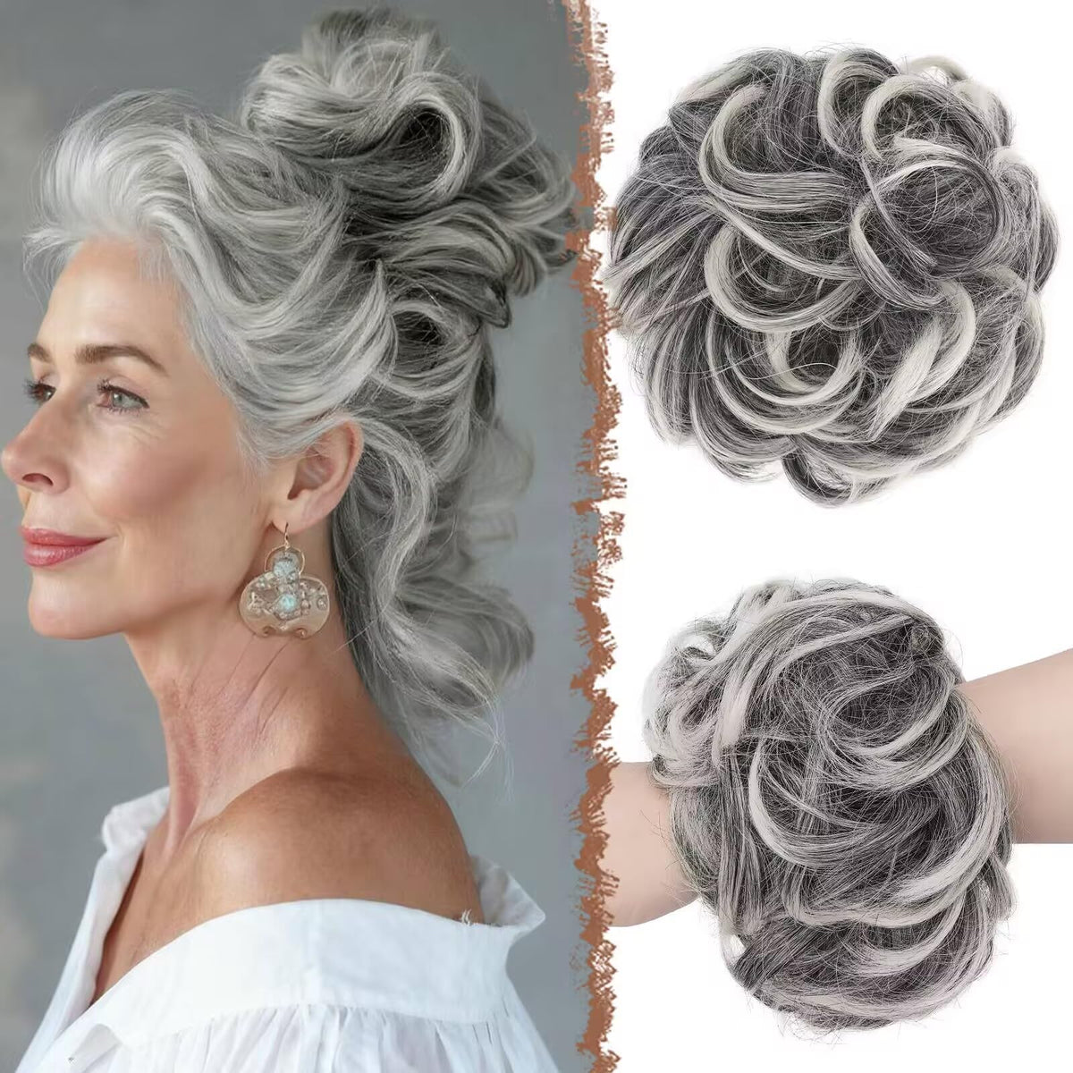 FESHFEN Large Messy Bun Hair Piece in black with gray and white tips