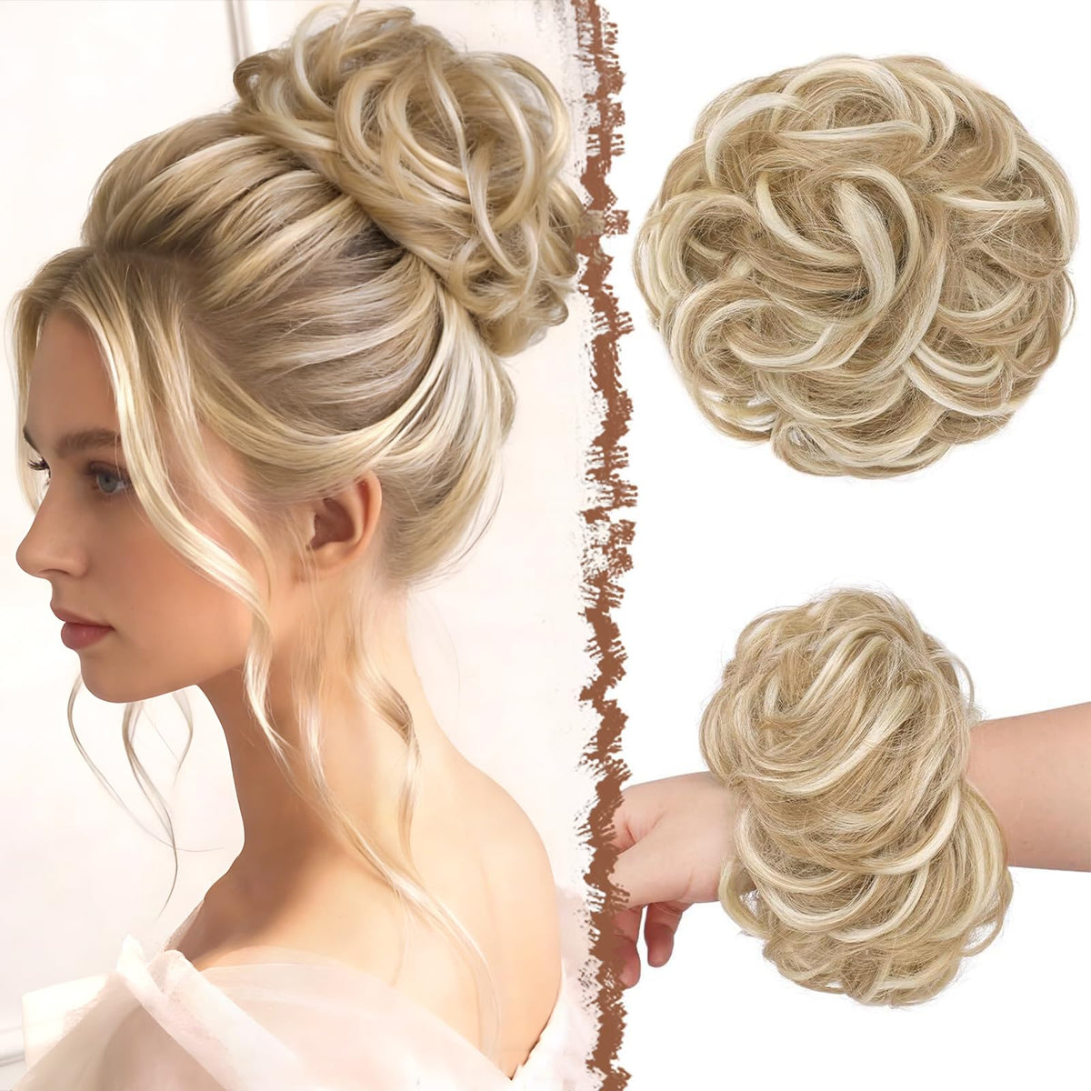 FESHFEN Large Messy Bun Hair Piece in blonde highlights front view