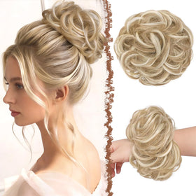 FESHFEN Large Messy Bun Hair Piece in blonde highlights front view