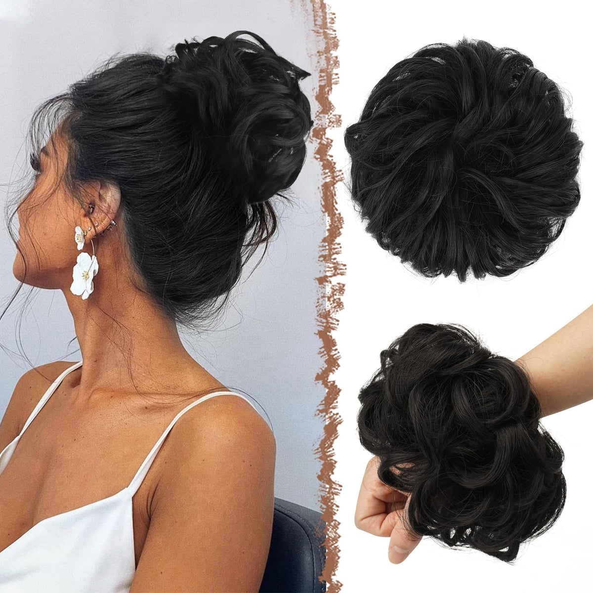 FESHFEN Large Messy Bun Hair Piece in Natural Black front view