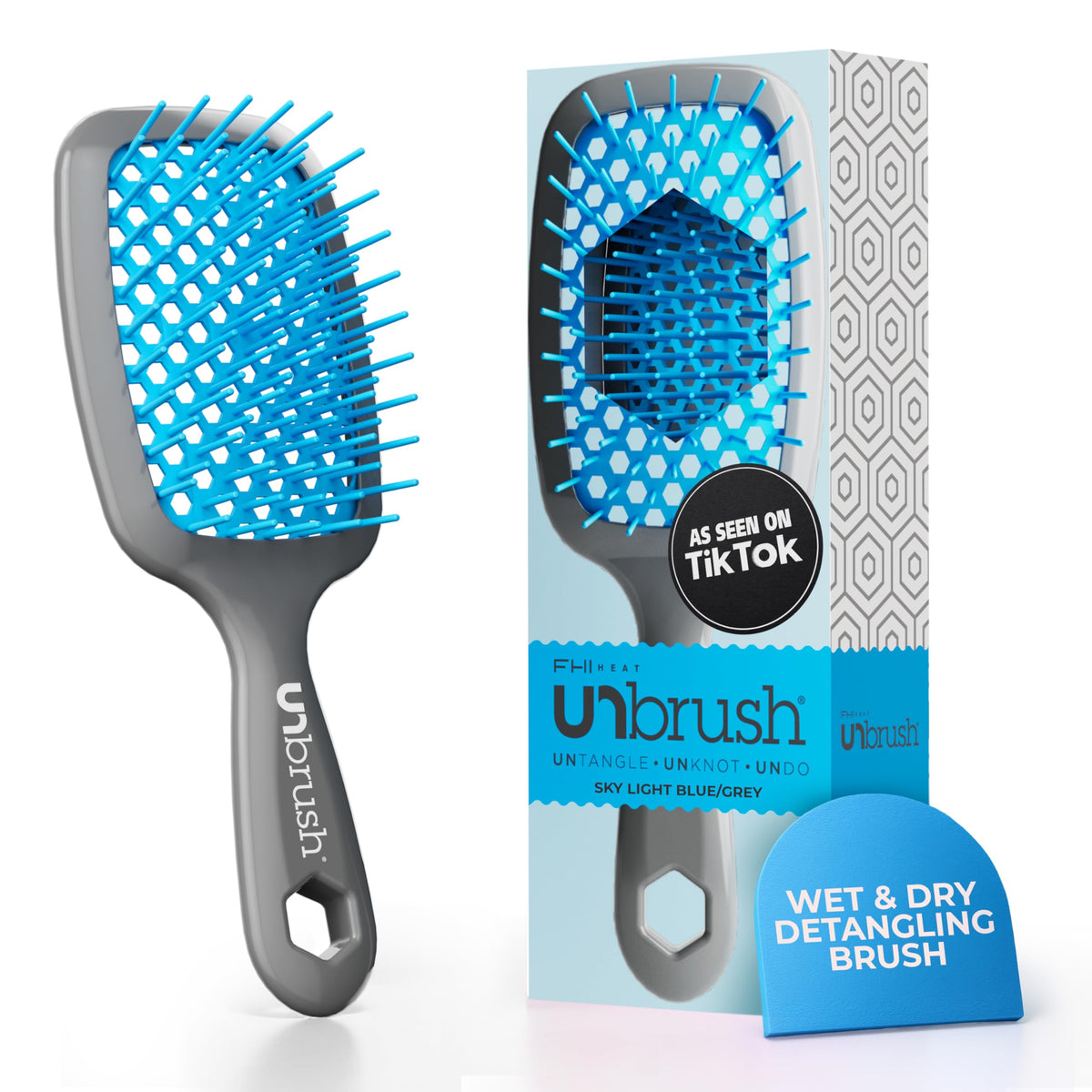 FHI Heat UNbrush Detangling Brush front view in light blue and grey