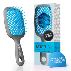 FHI Heat UNbrush Detangling Brush front view in light blue and grey