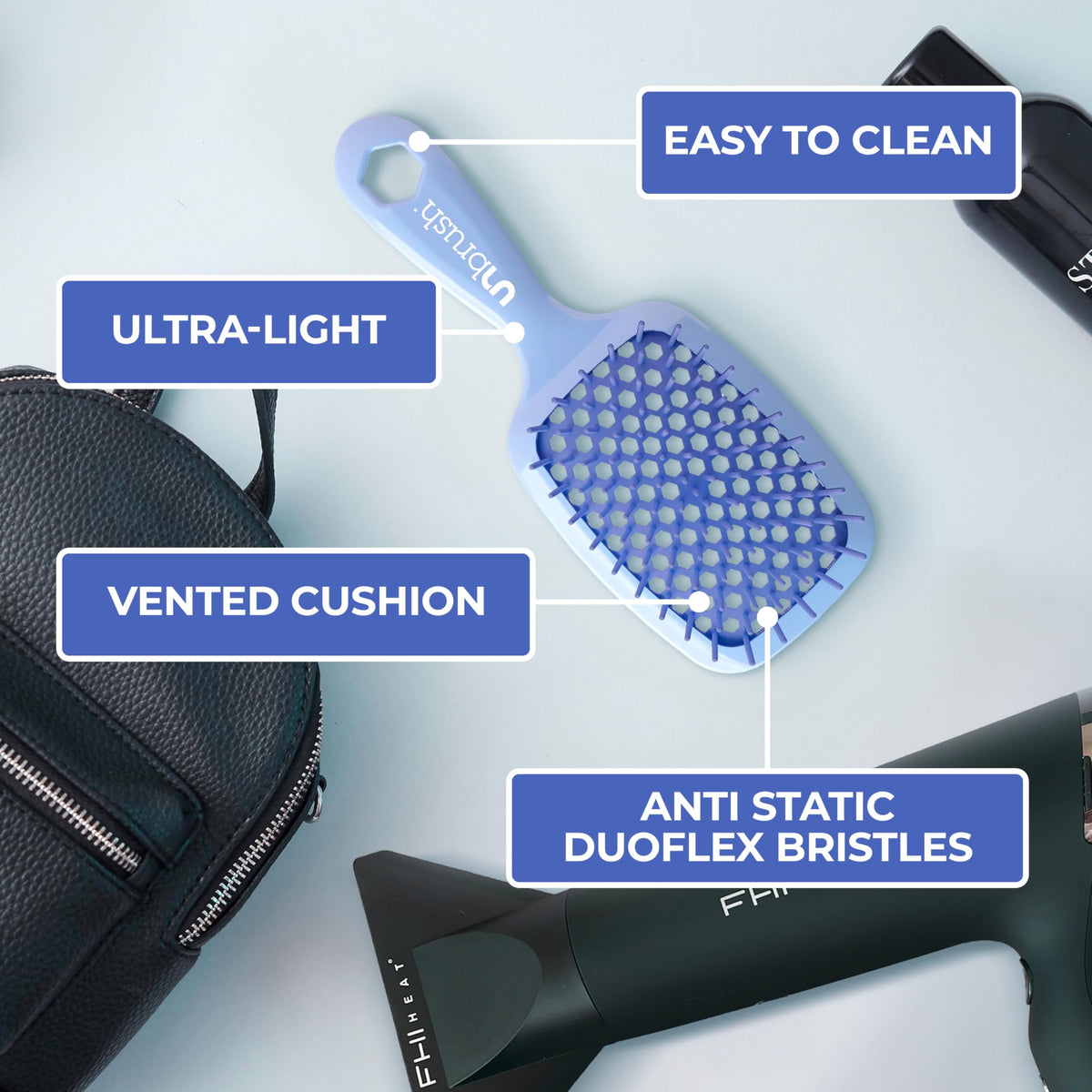 FHI Heat UNbrush Detangling Brush on a bathroom counter
