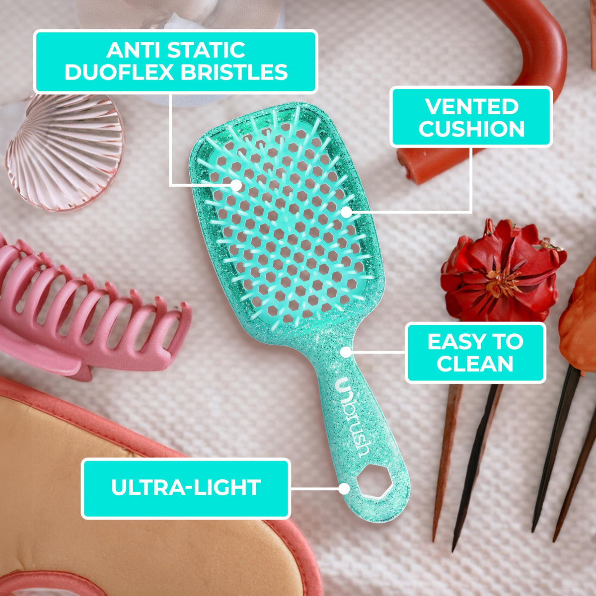 FHI Heat UNbrush Detangling Brush on a bathroom countertop