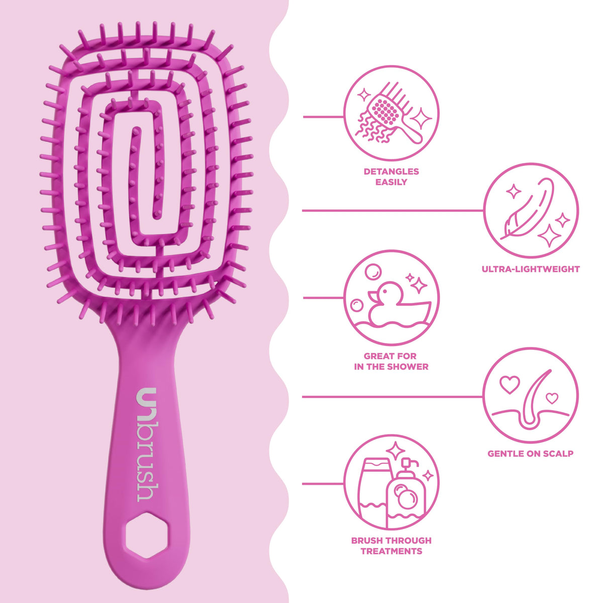 FHI Heat UNbrush Flex Detangling Brush on a bathroom counter with hair products