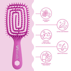 FHI Heat UNbrush Flex Detangling Brush on a bathroom counter with hair products