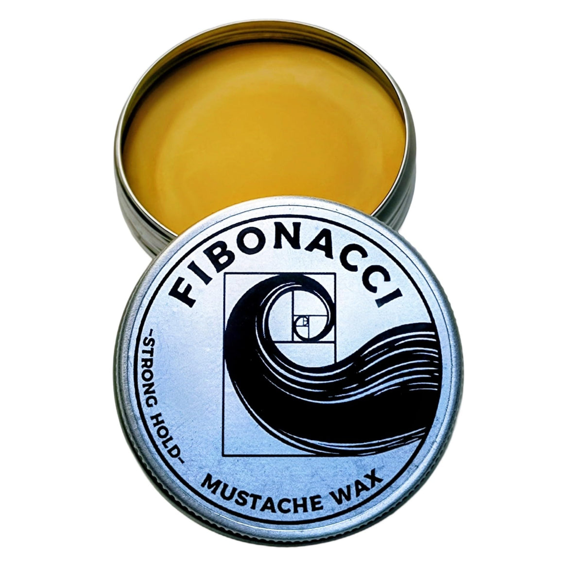 Fibonacci Mustache Wax 1oz side view with tin open