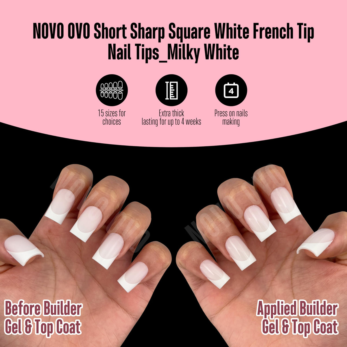Finished manicure with NOVO OVO Short Sharp Square White French Tip Nail Tips
