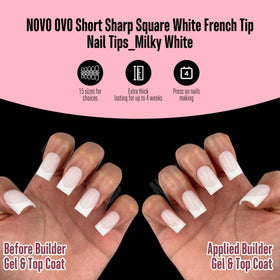 Finished manicure with NOVO OVO Short Sharp Square White French Tip Nail Tips