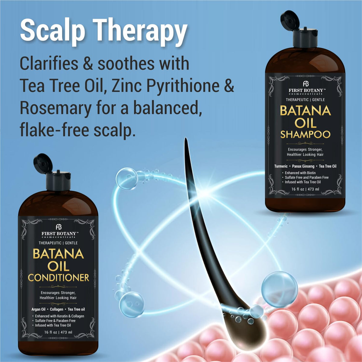 First Botany Batana Oil Shampoo and Conditioner in a bathroom setting
