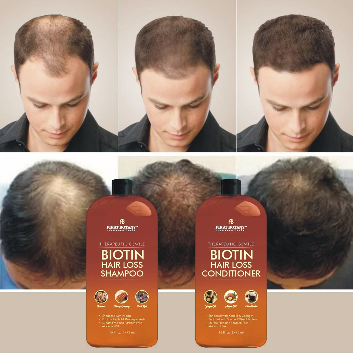 First Botany Hair Growth Shampoo and Conditioner bottles on a bathroom shelf