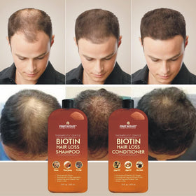 First Botany Hair Growth Shampoo and Conditioner bottles on a bathroom shelf