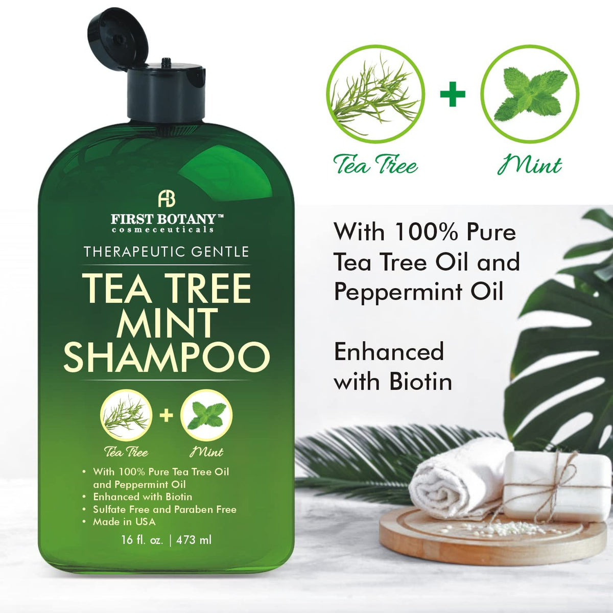 First Botany Tea Tree Mint Shampoo and Conditioner set on a bathroom shelf