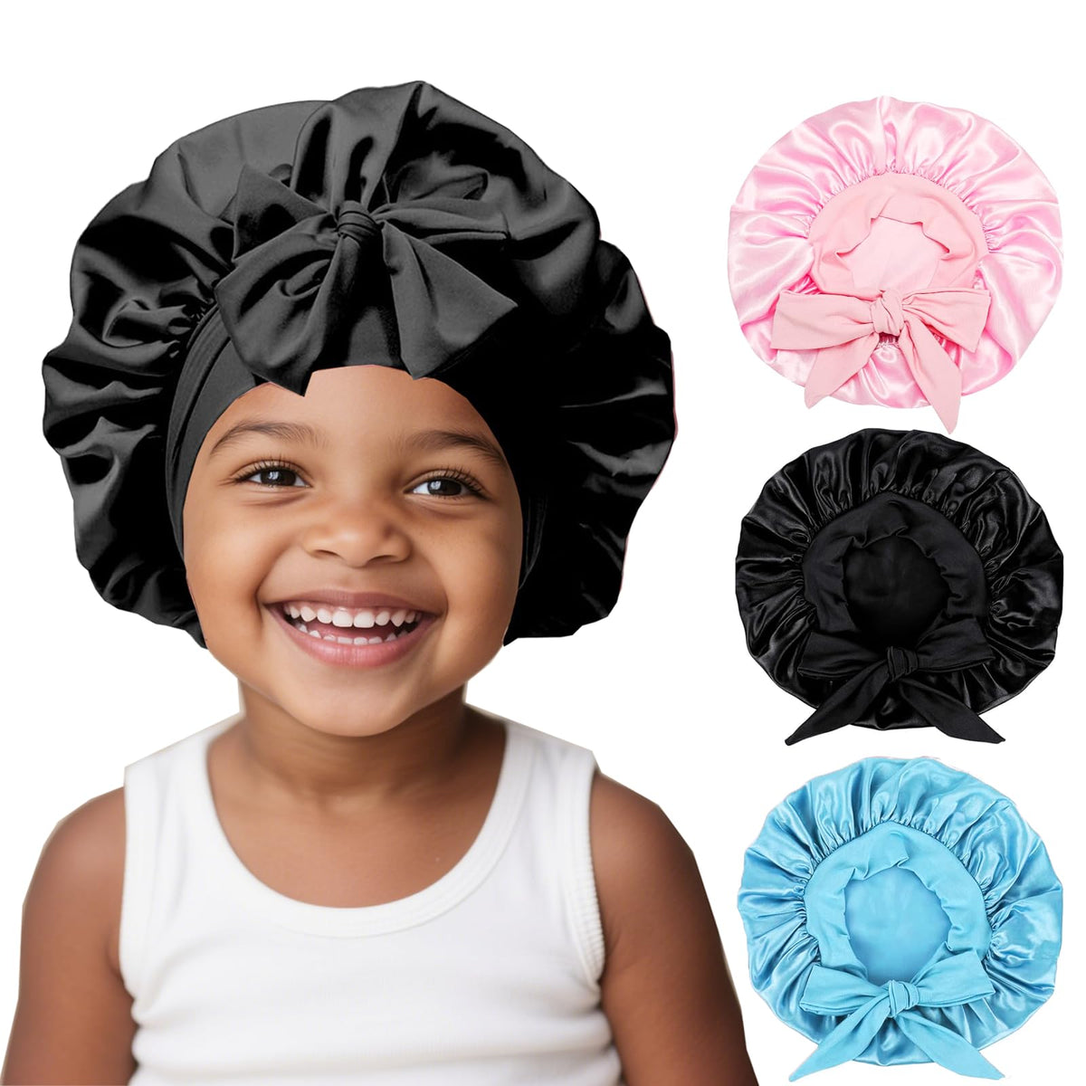 FIRSTPELLA Kids Silk Bonnet set in pink, light blue, and black