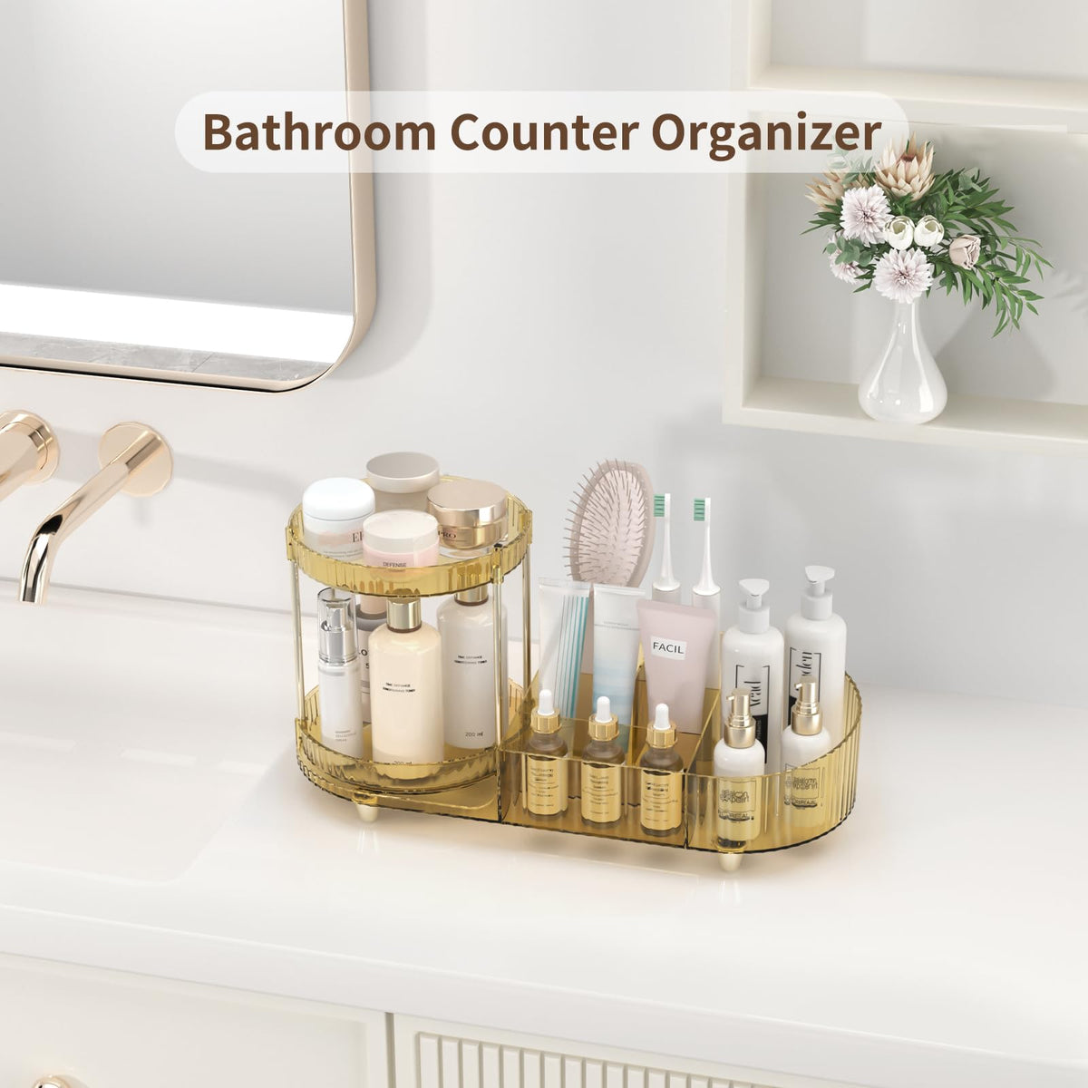 Five compartments of the makeup organizer filled with cosmetics