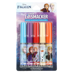 Five Lip Smacker Frozen 2 lip glosses with flavours displayed