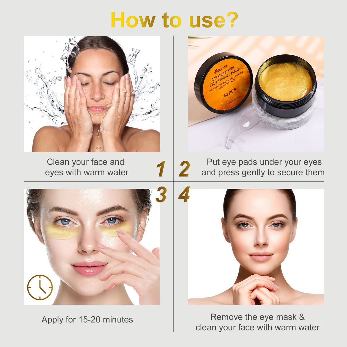 Fivewan 24k Gold Under Eye Patches displayed on a vanity