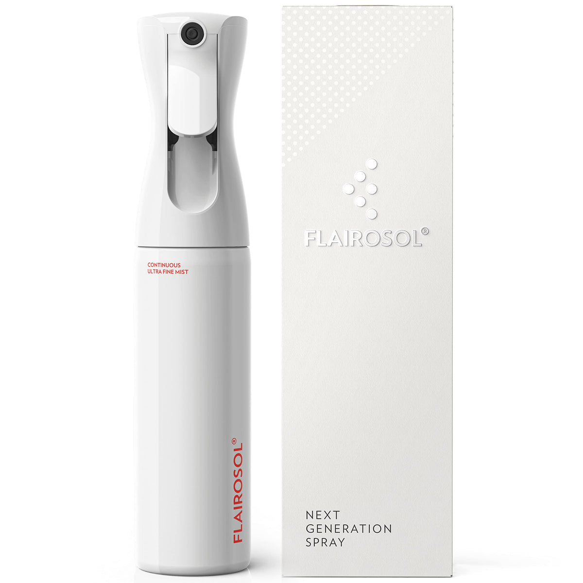 FLAIROSOL Continuous Mister Spray Bottle front view in white and coral