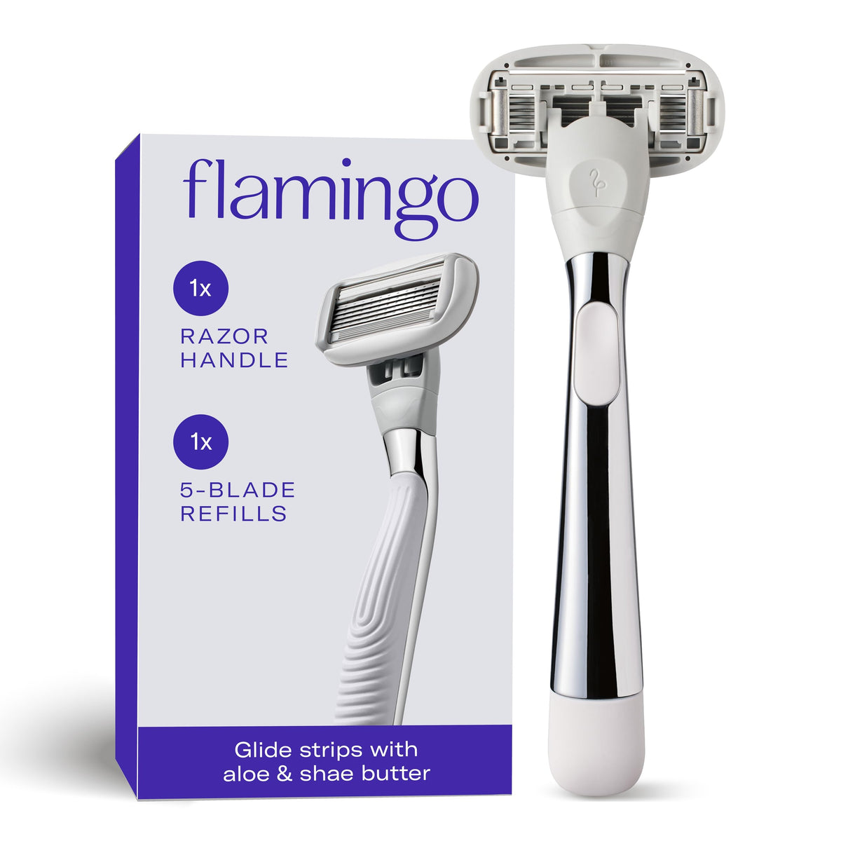 Flamingo women's razor with polished chrome handle front view