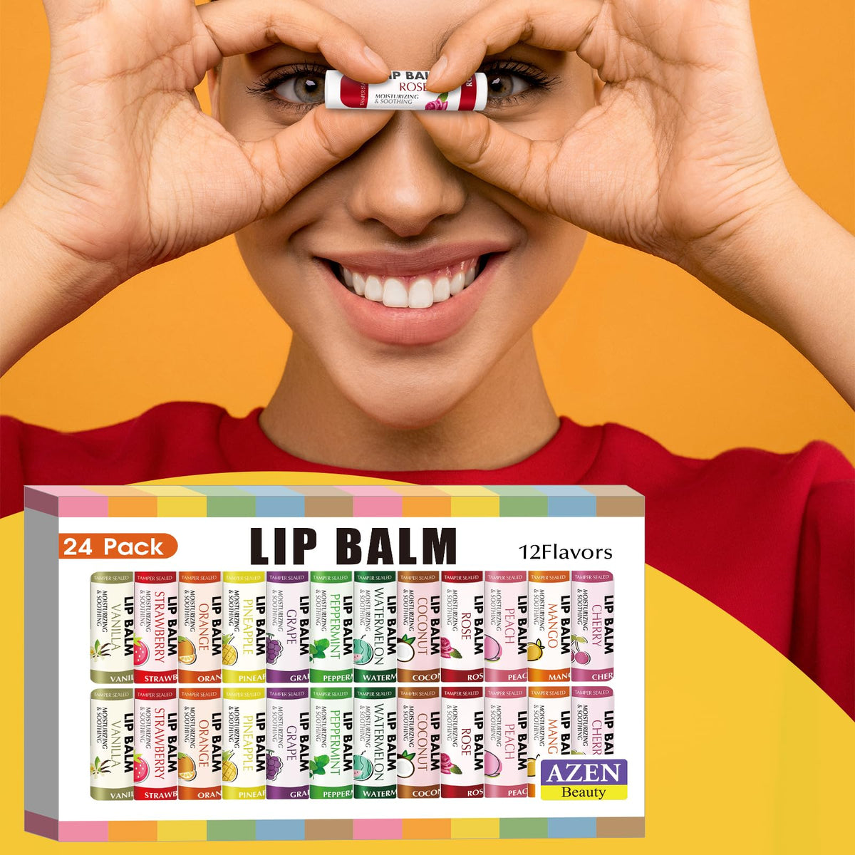 Flat lay of AZEN Lip Balm pack with flavours