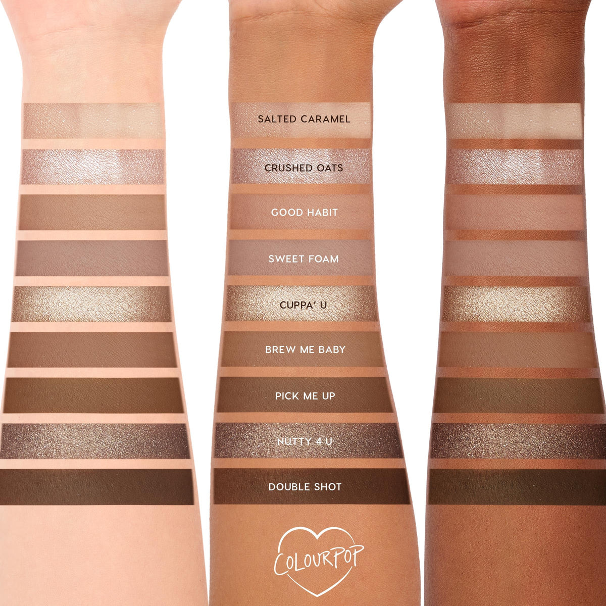 Flat lay of ColourPop Deja Brew Eyeshadow Palette with brushes