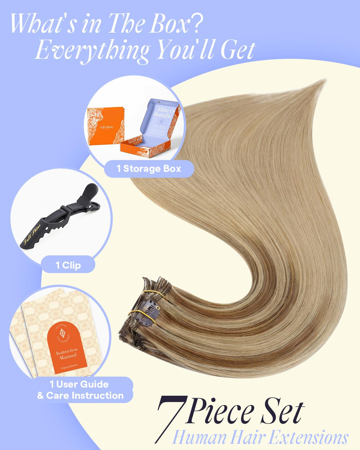 Flat lay of Full Shine Clip in Hair Extensions with clips