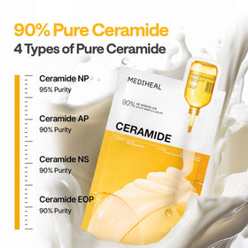 Flat lay of MEDIHEAL Ceramide Essential Face Sheet Mask with ingredients