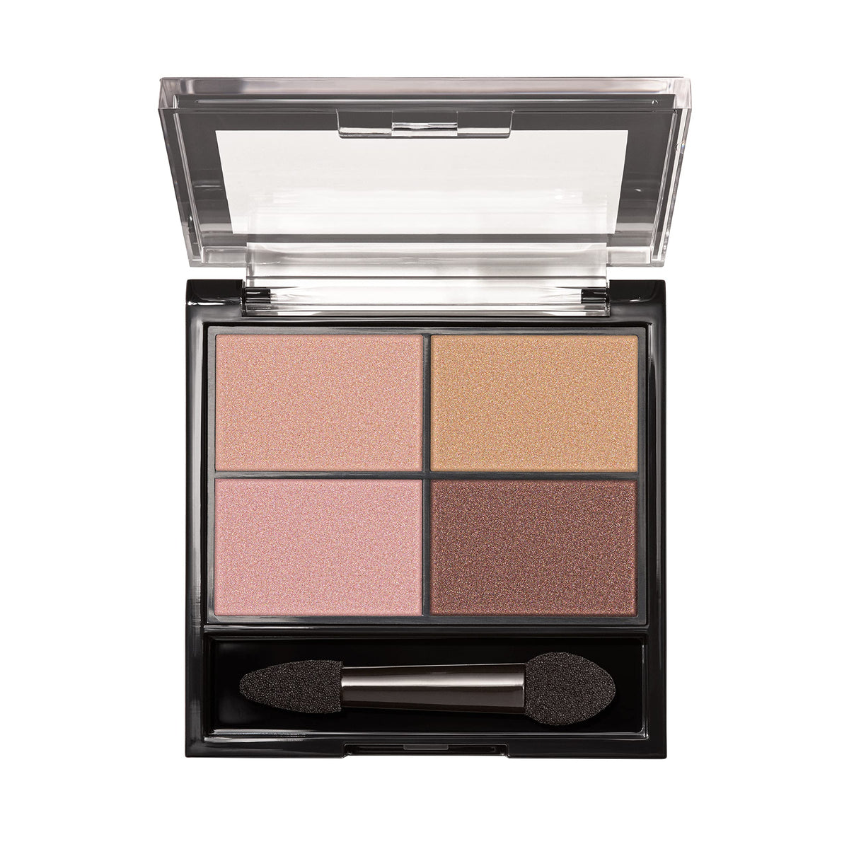 Flat lay of REVLON ColorStay Day to Night Eyeshadow Quad 505 Decadent and makeup tools
