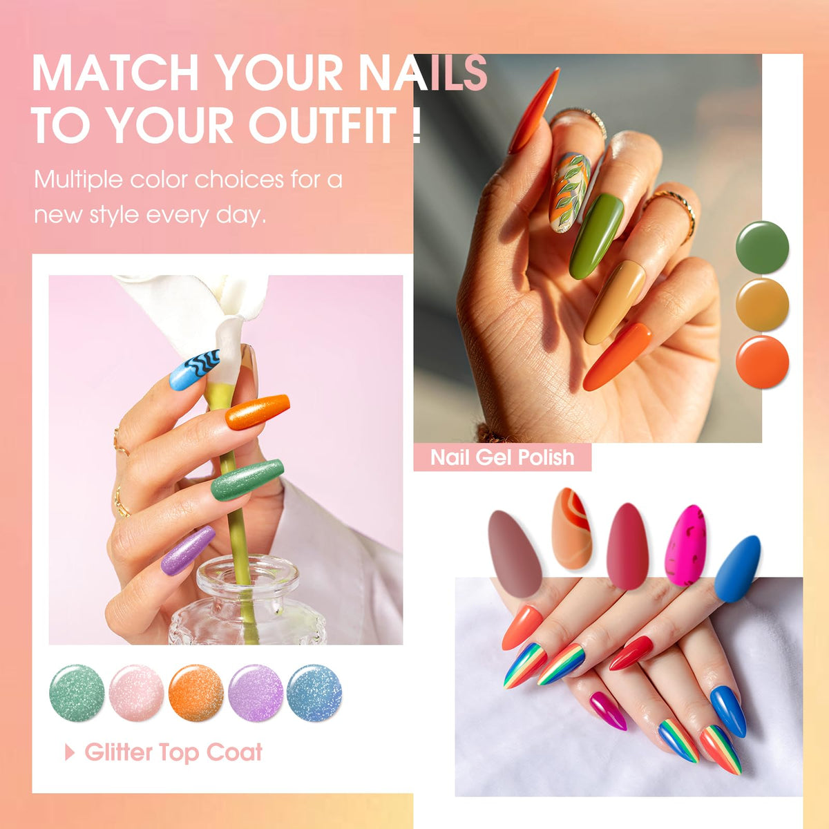 Flat lay of ROSALIND gel nail polish set on a wooden surface