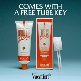 Flat lay of VACATION Orange Gelée SPF 30 Sunscreen Gel with tropical leaves
