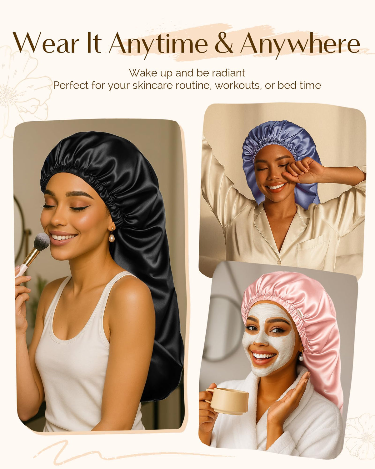 Flat lay of YANIBEST Satin Bonnet with various colours