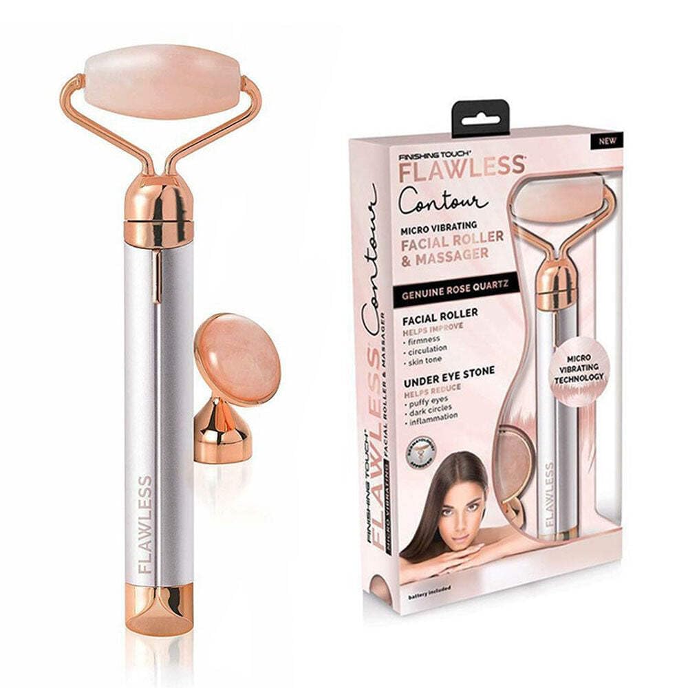 Flawless Vibrating Facial Roller and Massager front view with rose quartz
