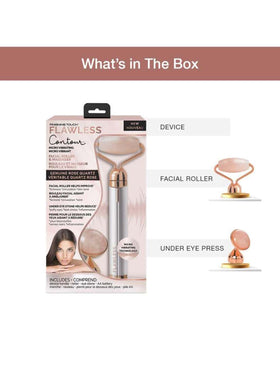 Flawless Vibrating Facial Roller and Massager packaging with included accessories