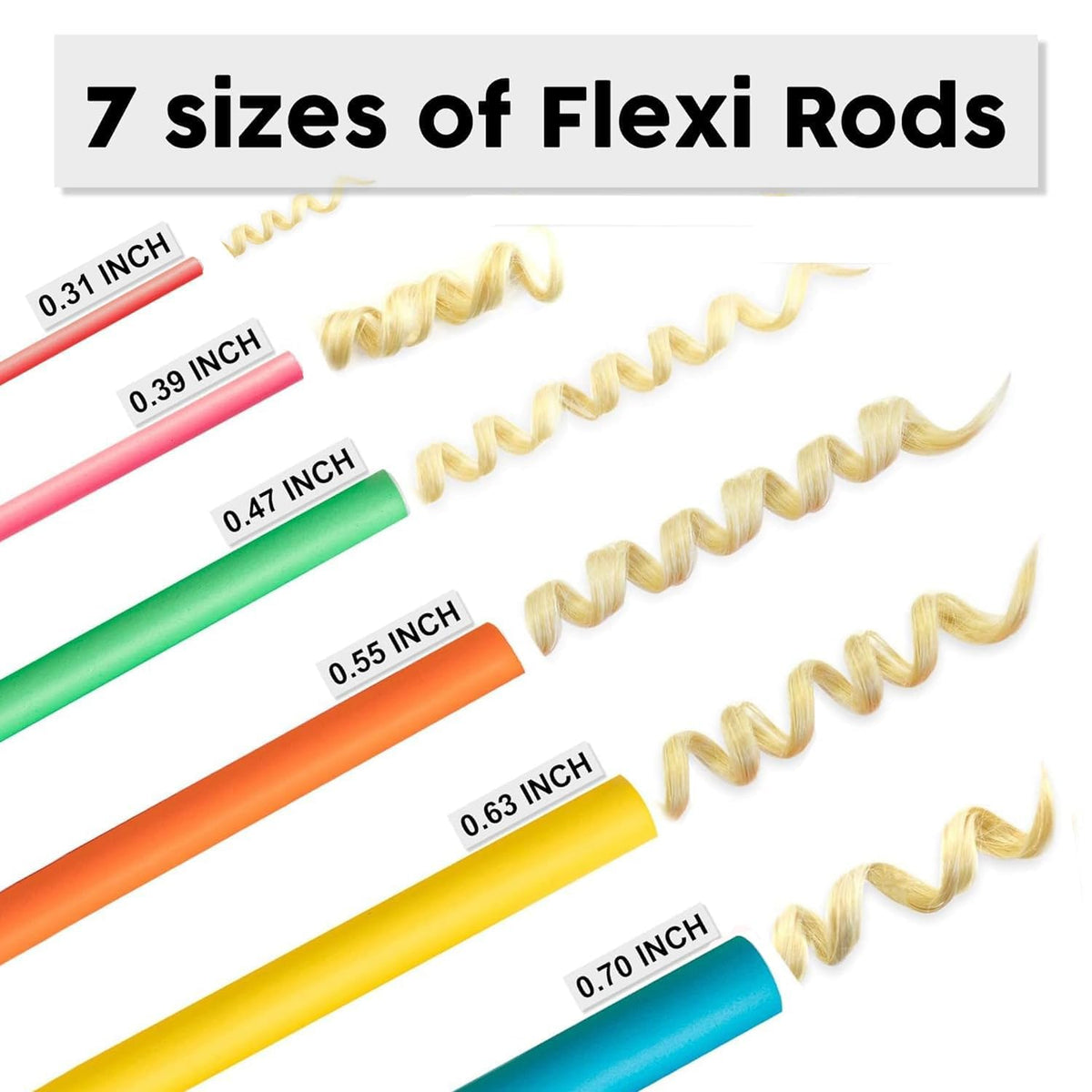 Flexible hair rods in multiple colors for different curl sizes