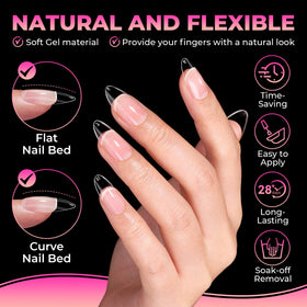 Flexible UNA GELLA almond nail tips demonstrating bend-resistance