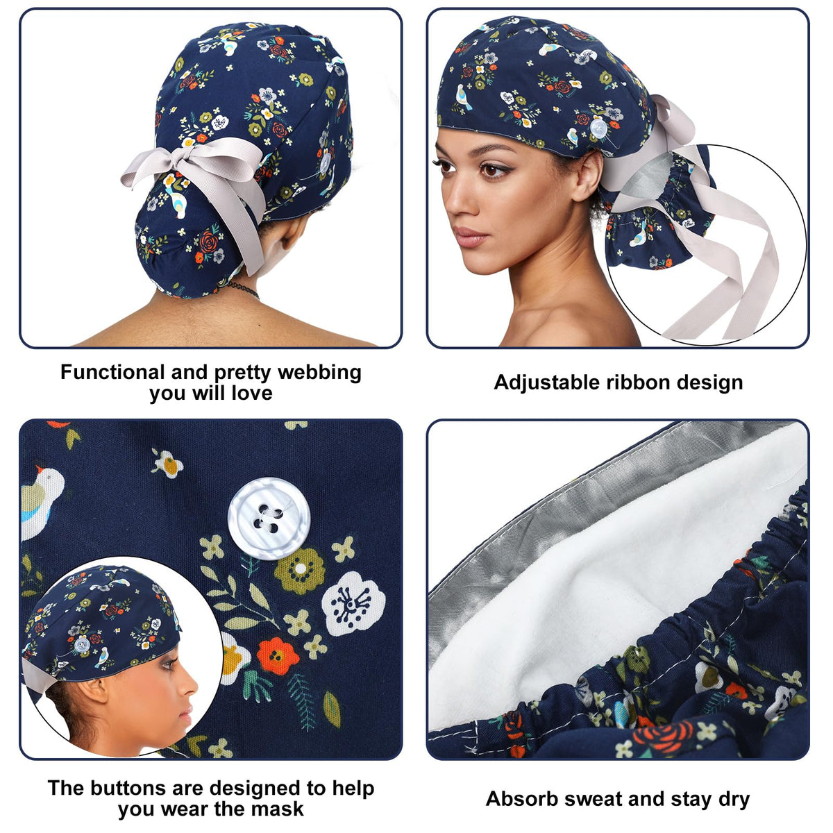 Floraltop scrub cap showcasing satin lining close-up