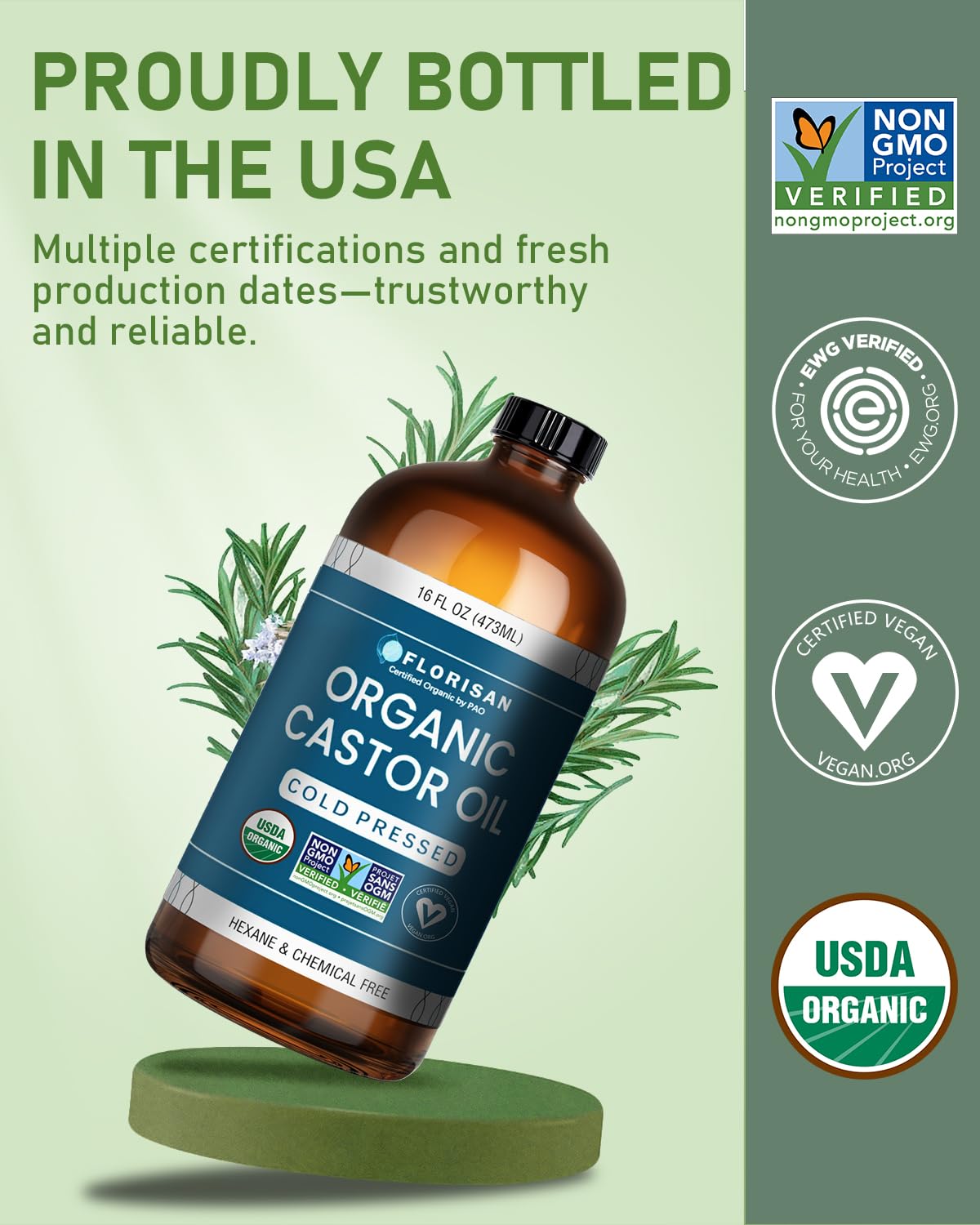 Florisan Organic Castor Oil 16oz glass bottle side view