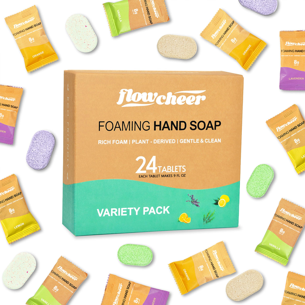 flowcheer Foaming Hand Soap Refill Tablets variety pack front view