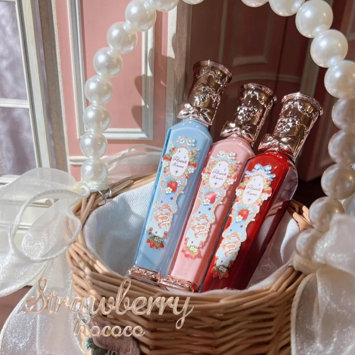 Flower Knows Lip Cream alongside makeup accessories