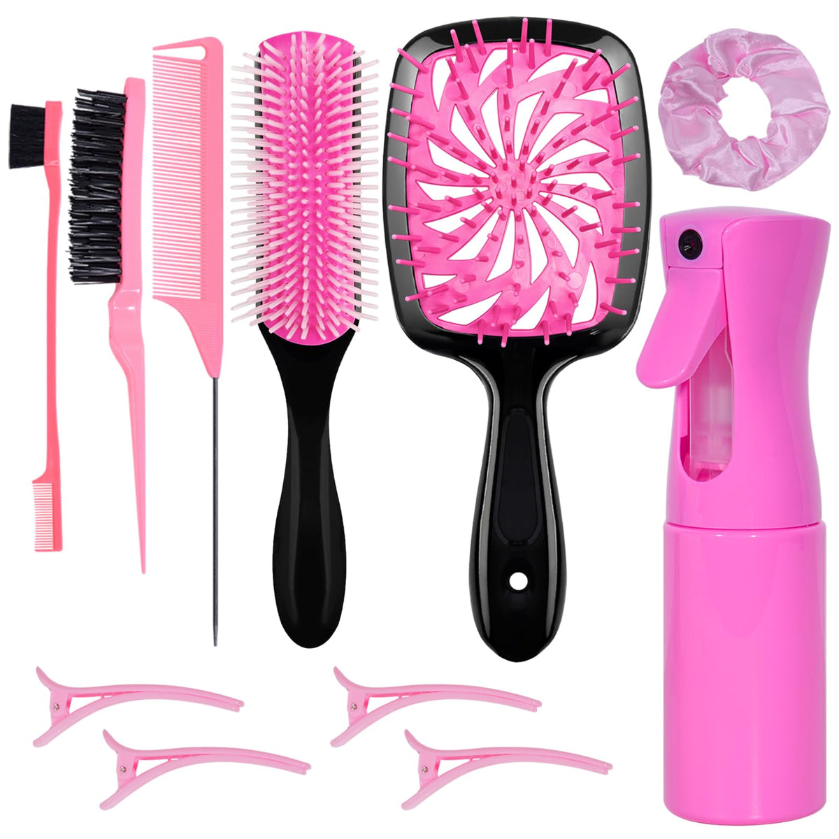 FlyLanyards 11-piece hair brush set including detangling brush and spray bottle