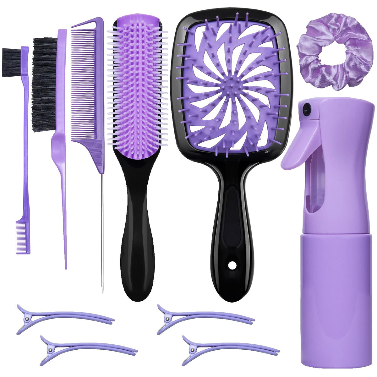 FlyLanyards 11-Piece Hair Brush Set including detangling brush and spray bottle