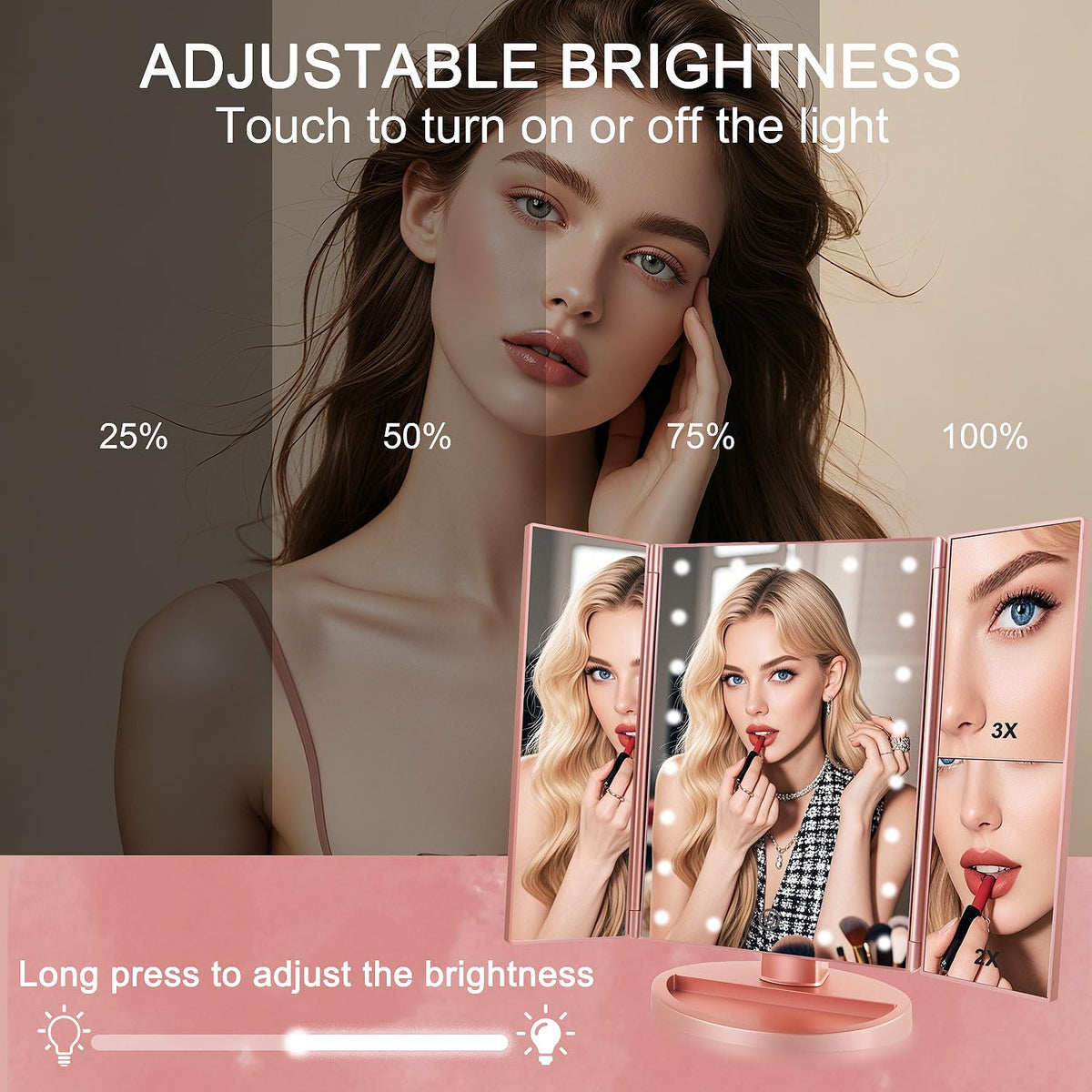 Flymiro Tri-fold Lighted Makeup Mirror set up on a bathroom counter