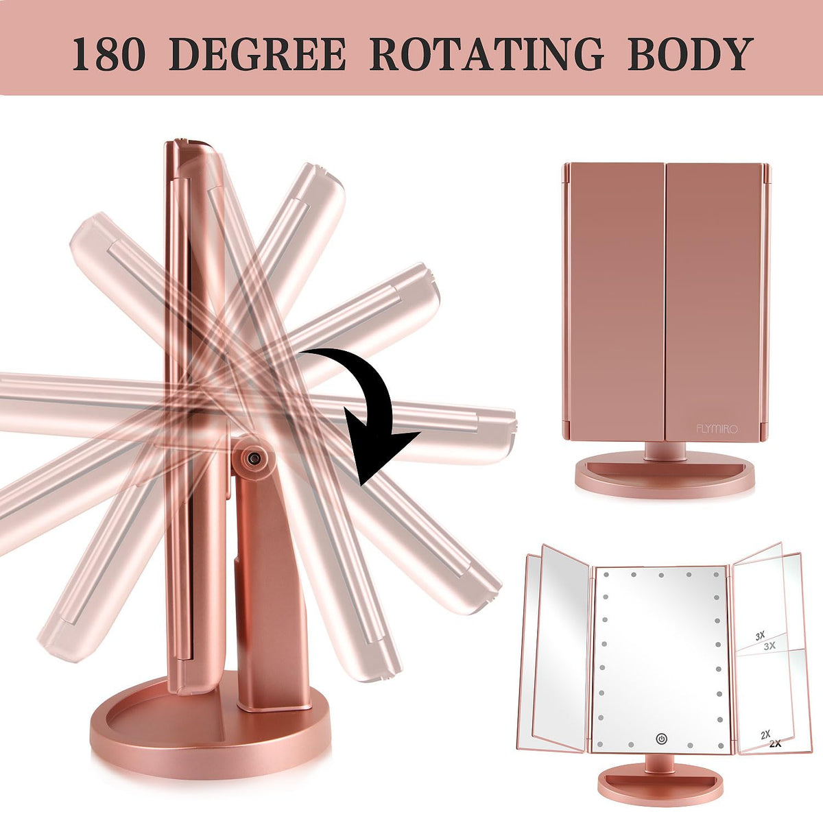 Flymiro Tri-fold Lighted Mirror showing 180-degree rotation