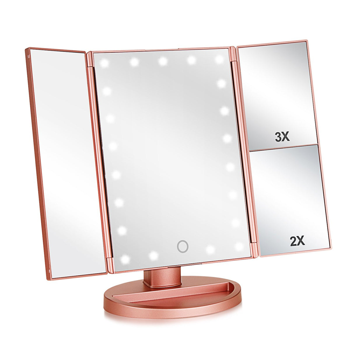 Flymiro Tri-fold Lighted Vanity Makeup Mirror front view with 21 LED lights