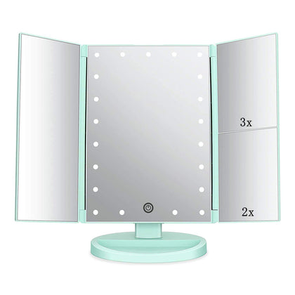 Flymiro Tri-fold Lighted Vanity Makeup Mirror front view with 21 LED lights