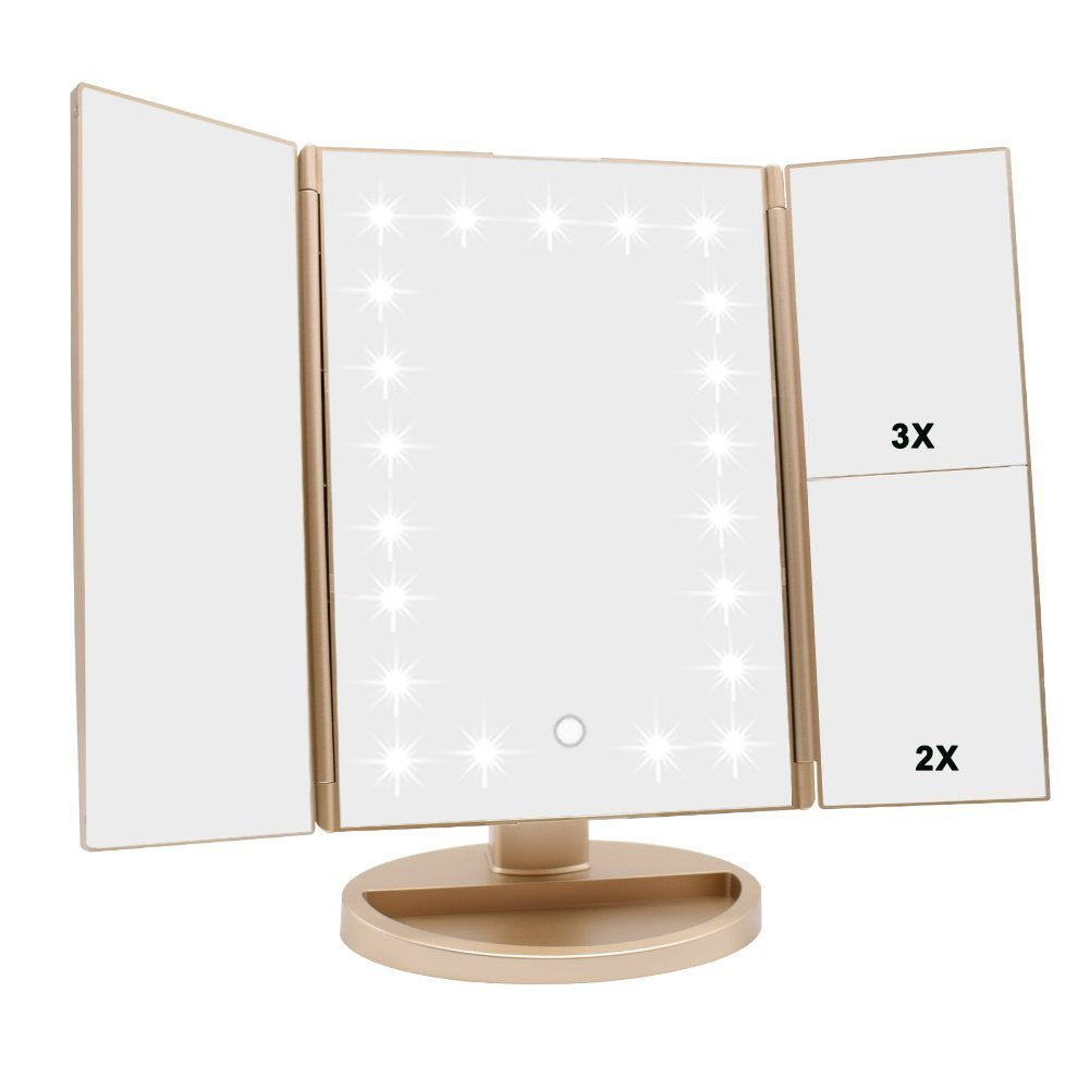 Flymiro Tri-fold Lighted Vanity Makeup Mirror front view with LED lights