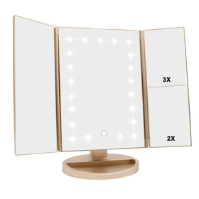 Flymiro Tri-fold Lighted Vanity Makeup Mirror front view with LED lights